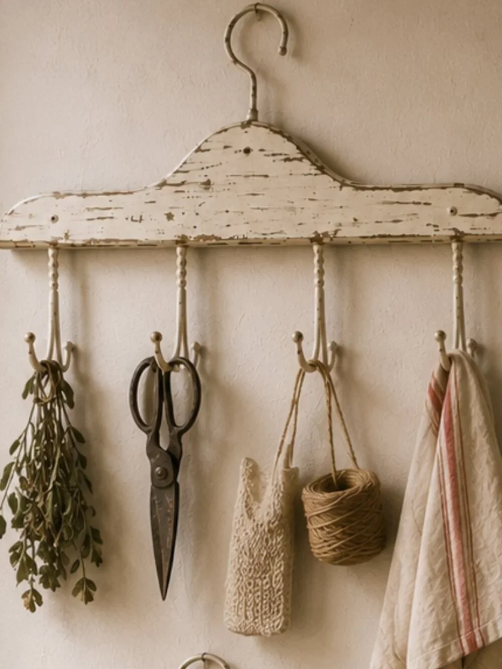 2- Vintage Primitive Whitewashed Wooden Coat Hanger Rack With Four Double Hooks